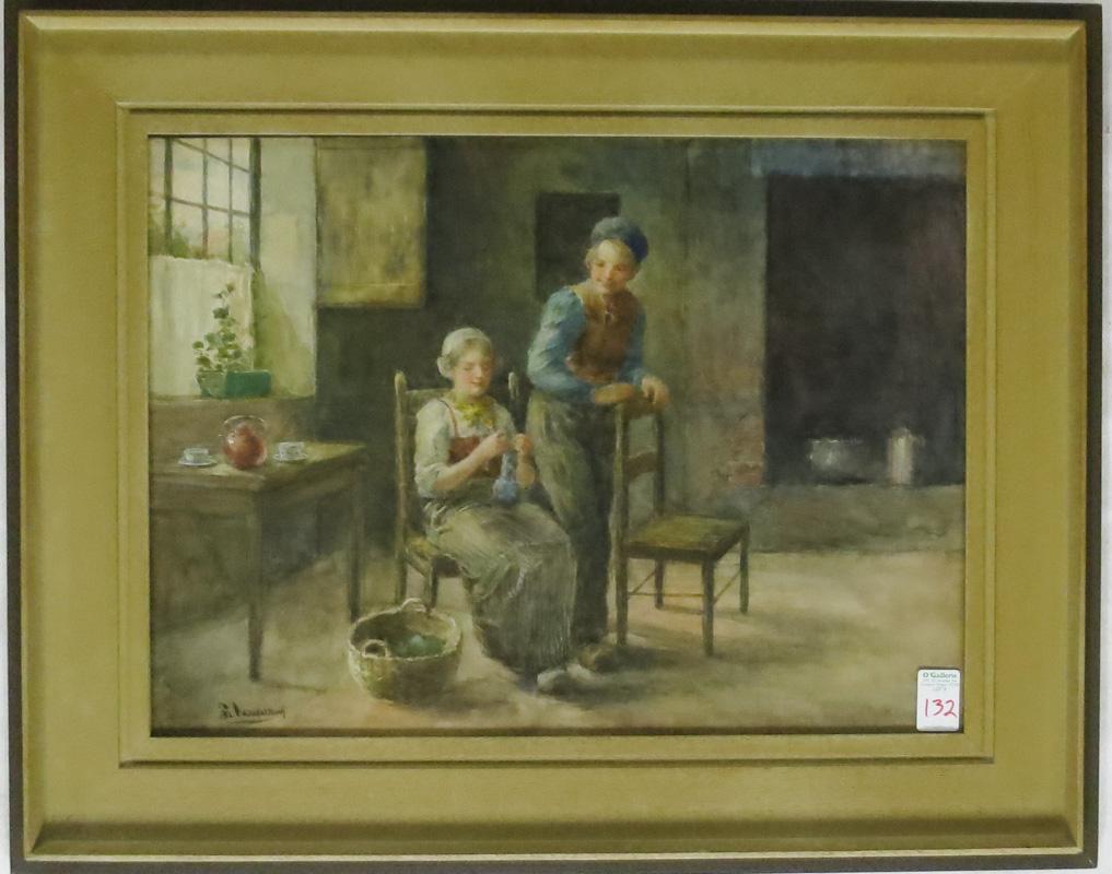 Appraisal: R VANDERHOOF WATERCOLOR ON PAPER Dutch interior with a young