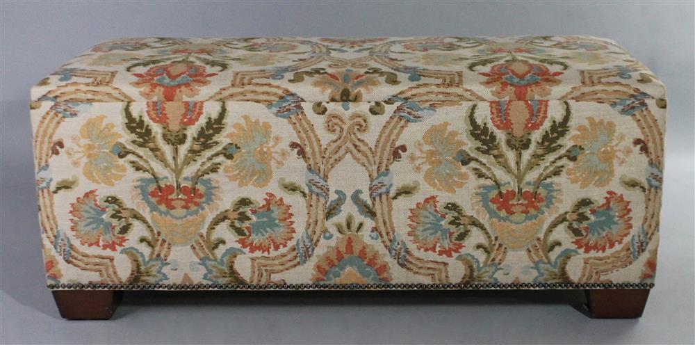 Appraisal: IKAT INSPIRED LINEN UPHOLSTERED CUSTOM OTTOMAN WITH NAILHEAD TRIM TOGETHER