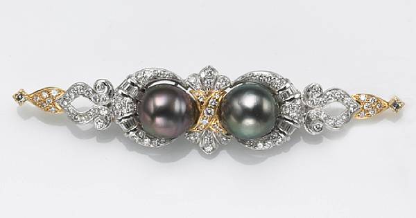 Appraisal: A Tahitian semi-baroque cultured pearl diamond and k bicolor gold