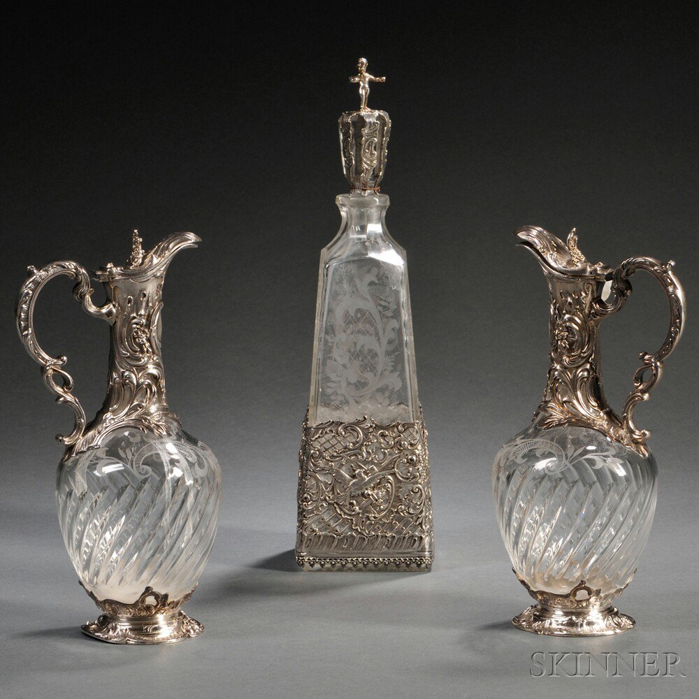 Appraisal: Three Continental Rococo-style Silver-mounted Colorless Glass Items two French cruets