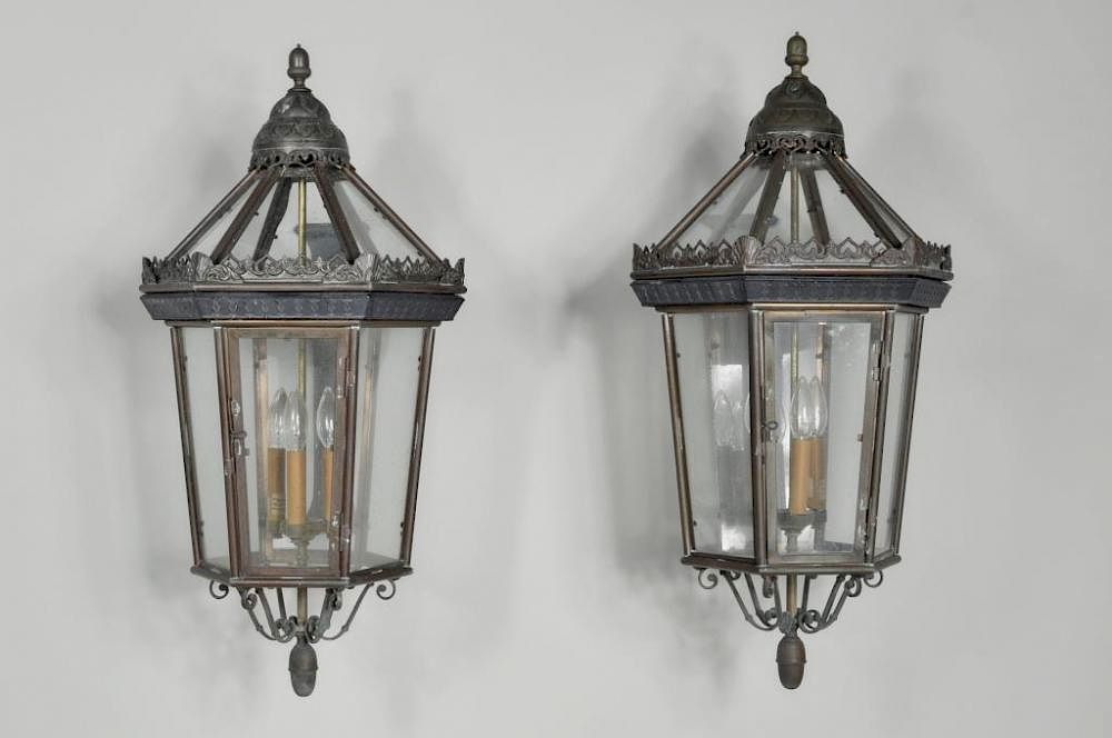 Appraisal: Pair Copper Brass Exterior Lantern Sconces Pair of large copper