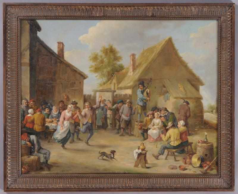 Appraisal: AFTER TENIERS TH C VILLAGE SCENE Oil on canvas mounted