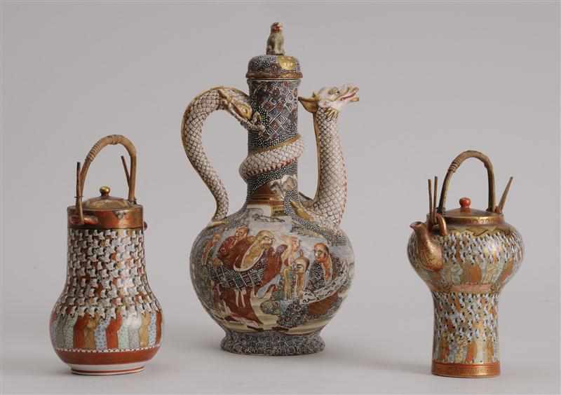 Appraisal: JAPANESE WHITE-GLAZED EARTHENWARE WINE POT AND TWO KUTANI PORCELAIN TEAPOTS