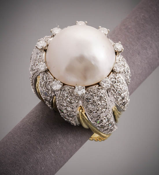 Appraisal: -Karat Yellow-Gold Mab Pearl and Diamond Cocktail Ring Centered with