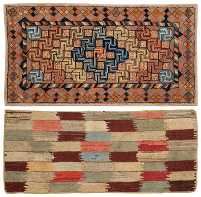 Appraisal: Two American hooked rugs one with geometric design with central