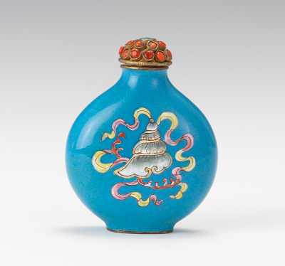 Appraisal: A Tibetian Blue Enameled Snuff Bottle with Buddhist Symbols Flat