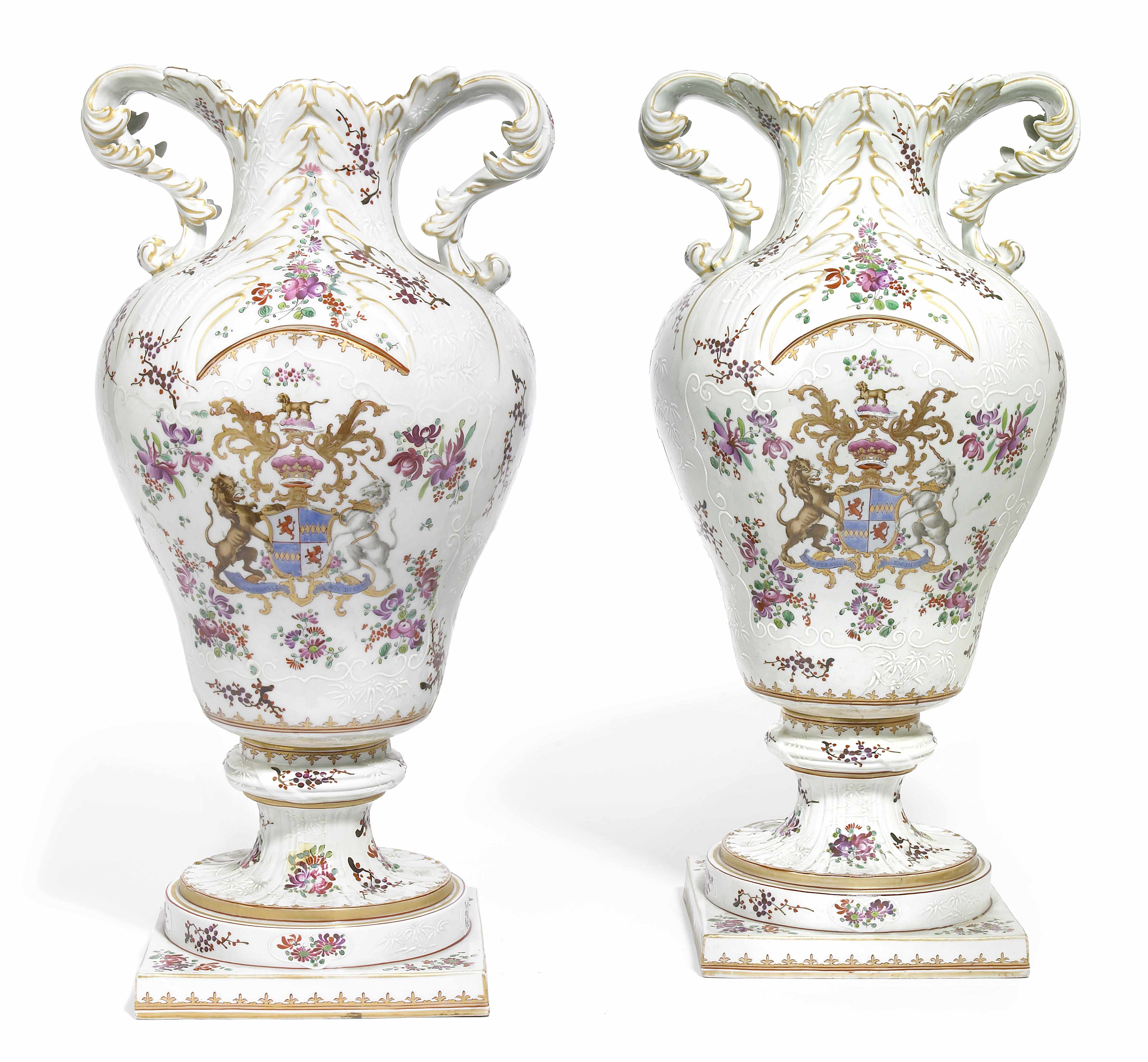 Appraisal: A pair of French porcelain armorial vases circa In the