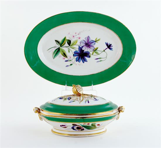 Appraisal: Paris porcelain covered tureen and platter circa pomegranate finial on