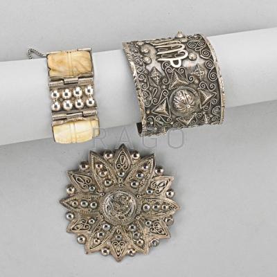 Appraisal: THREE PIECES ETHNIC SILVER JEWELRY North African cuff and brooch