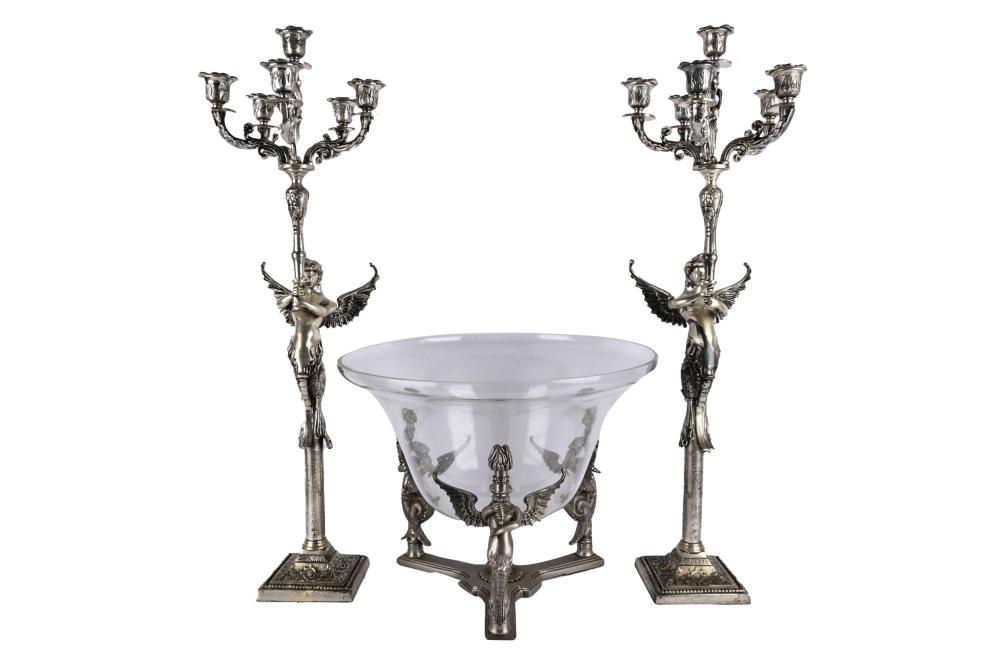 Appraisal: SILVERED BRONZE GARNITURE SETcomprising a pair of candelabra and a