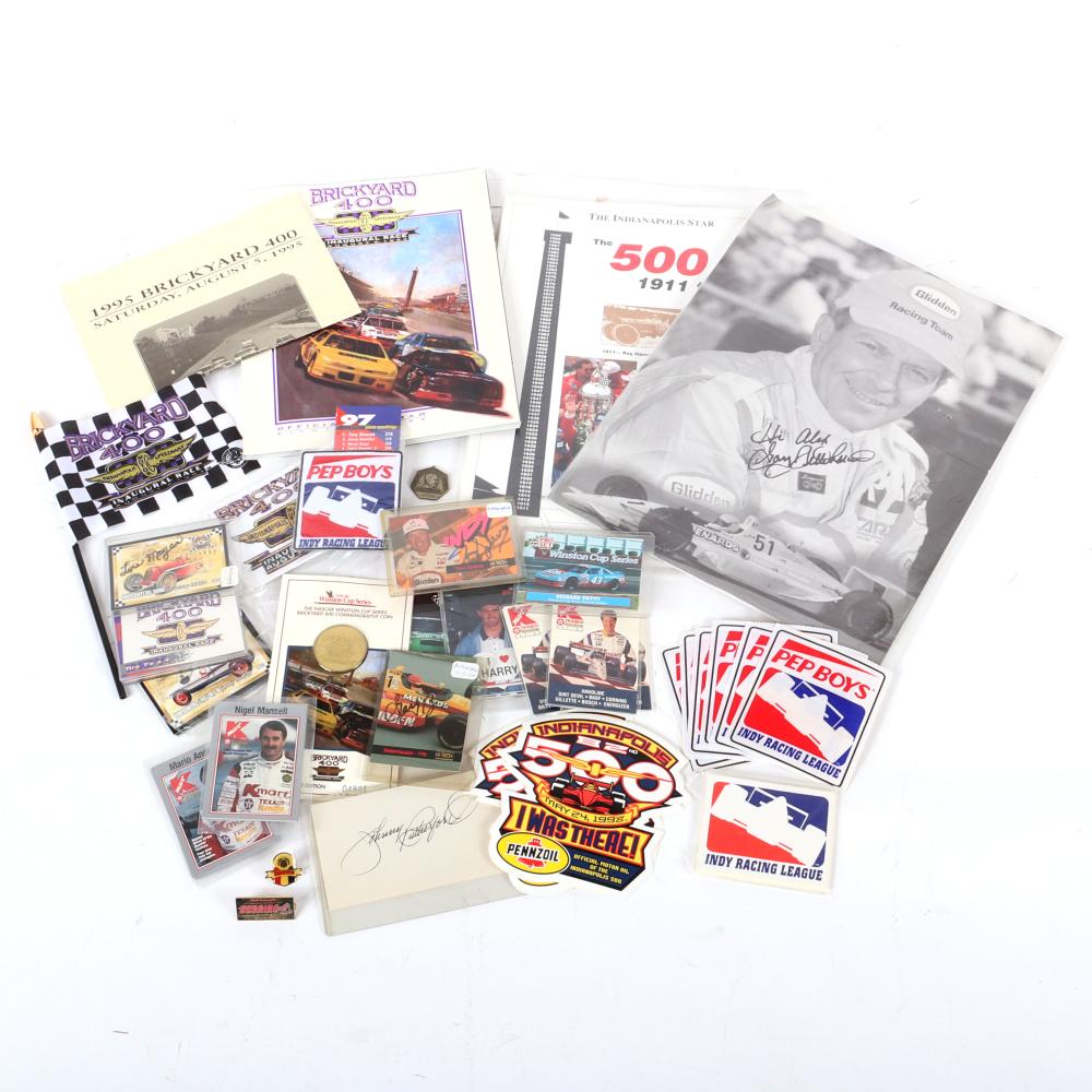 Appraisal: LOT OF RACING MEMORABILIA DECALS CARDS AUTOGRAPHS PATCHES PINSLot of