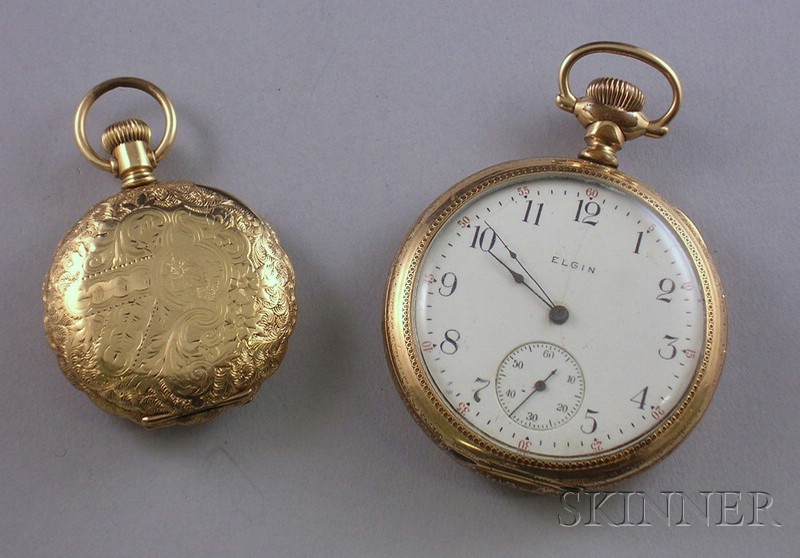 Appraisal: Two Gold Pocket Watches an open-face Elgin watch and a