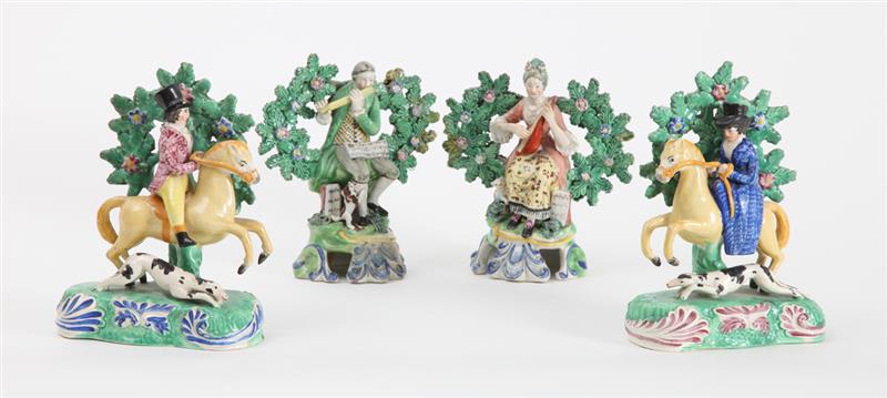 Appraisal: PAIR OF WOODS TYPE PEARLWARE FIGURES OF MUSCIANS AND A