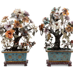 Appraisal: Two Chinese Hardstone Models of Flowering Trees in Cloisonn Bulb