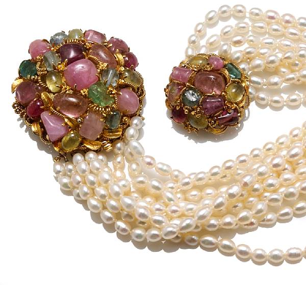 Appraisal: A freshwater cultured pearl quartz and gem-set torsade necklace and