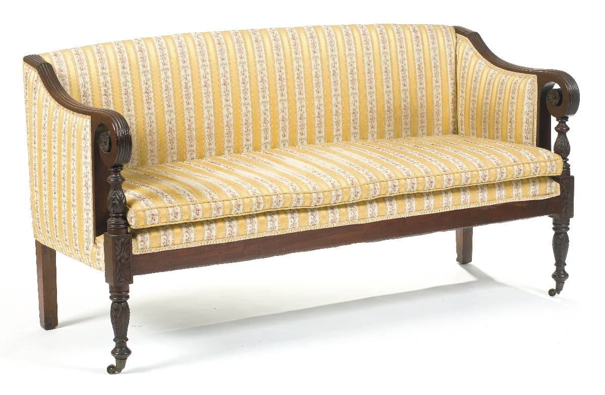 Appraisal: AMERICAN SHERATON CARVED MAHOGANY SOFA The serpentine arms with carved