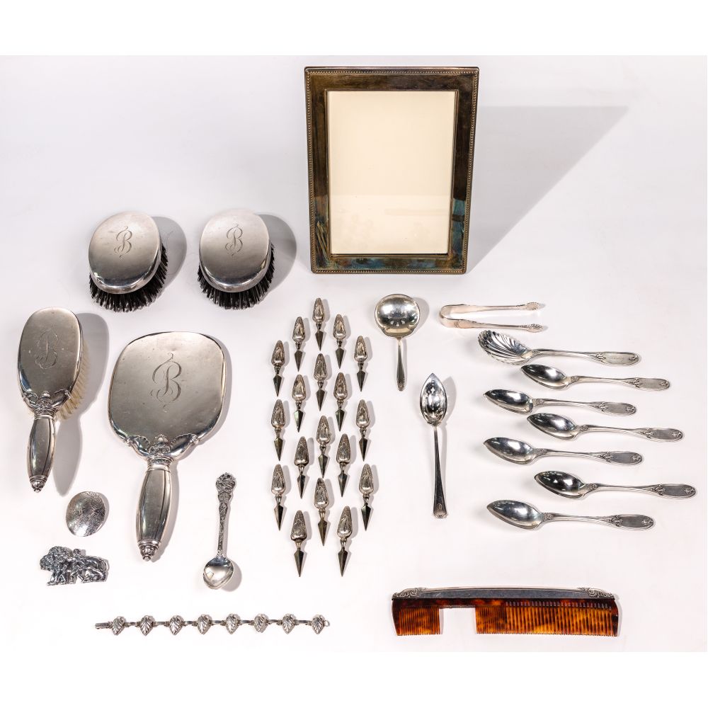 Appraisal: STERLING SILVER VANITY AND FLATWARE ASSORTMENT items including brushes comb