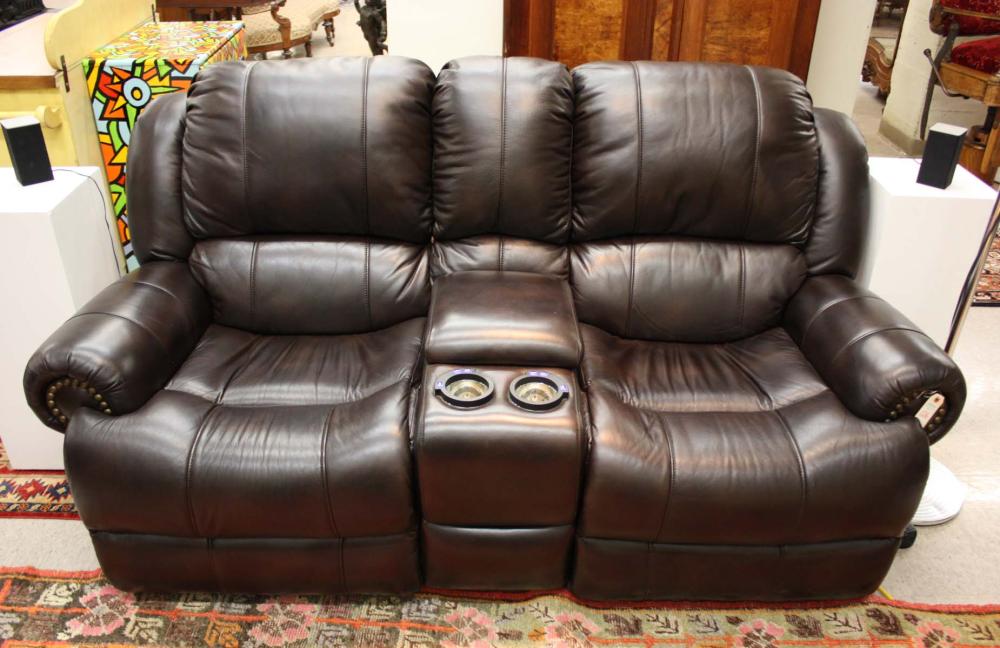 Appraisal: LEATHER POWER DOUBLE RECLINER LOVESEAT WITH CONSOLE Latitudes Collection by