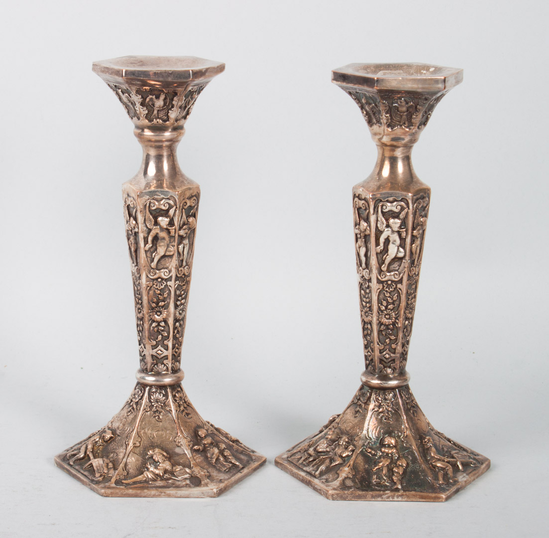 Appraisal: Pair of Continental silver-plated candlesticks in the Renaissance taste late