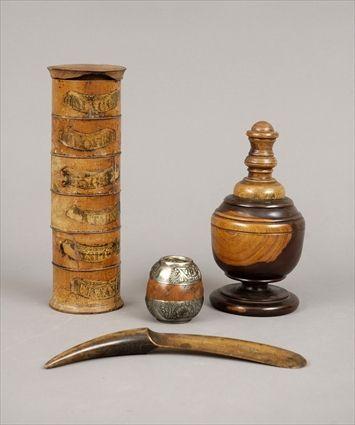 Appraisal: Four Treenware Articles Including a stacking spice box silverplate-mounted jar