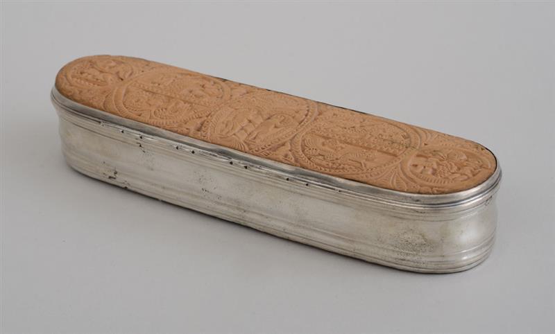 Appraisal: DUTCH RELIEF-CARVED WOOD-MOUNTED SILVER TOBACCO BOX Jacob-Abram Barbe The Hauge