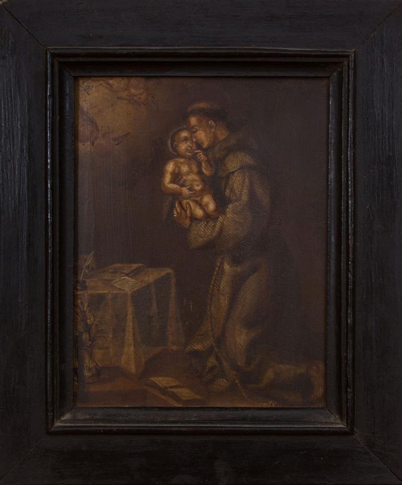 Appraisal: European School Franciscan Monk with Baby Jesus Oil on panel