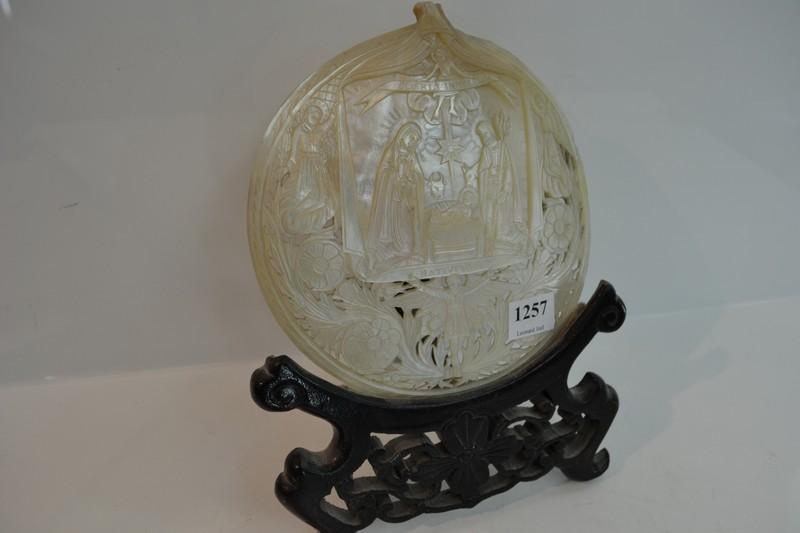 Appraisal: CARVED MOTHER OF PEARL SHELL DEPICTING RELIGIOUS SCENES