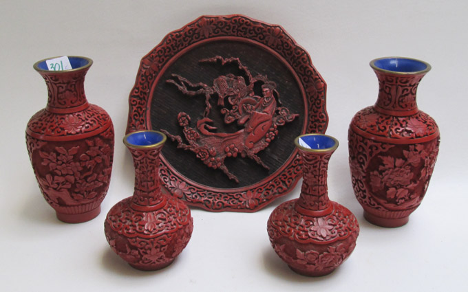 Appraisal: FIVE CHINESE CINNABAR STYLE ITEMS two pair of vases with