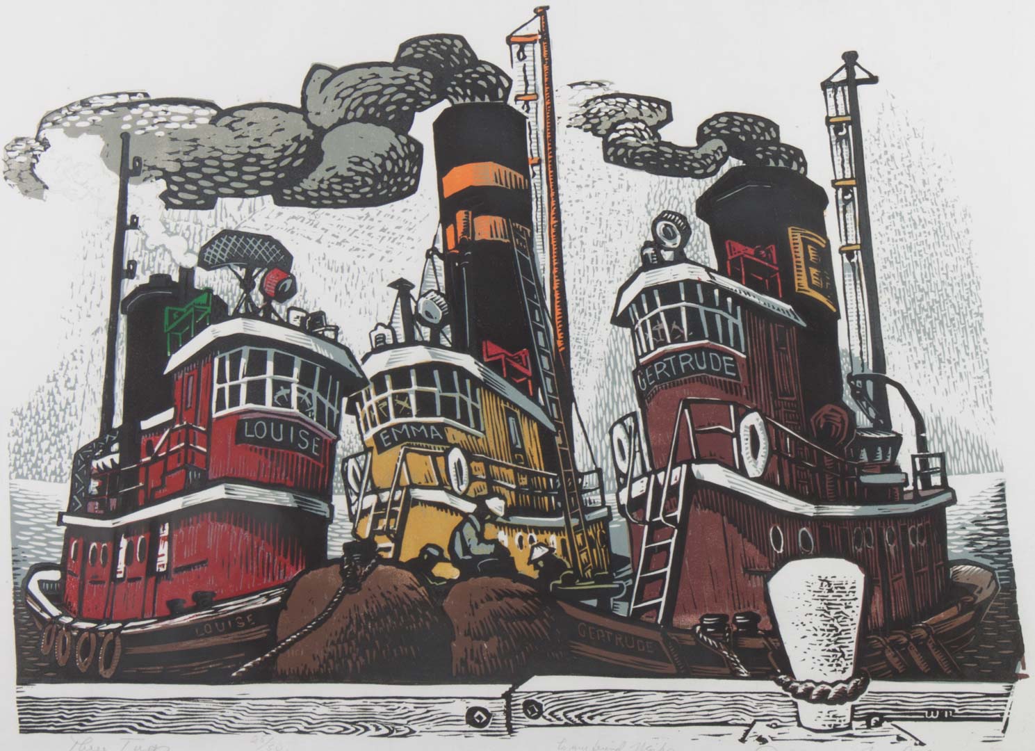 Appraisal: Woldemar Neufeld Three Tugs color woodcut Russian American - Ed