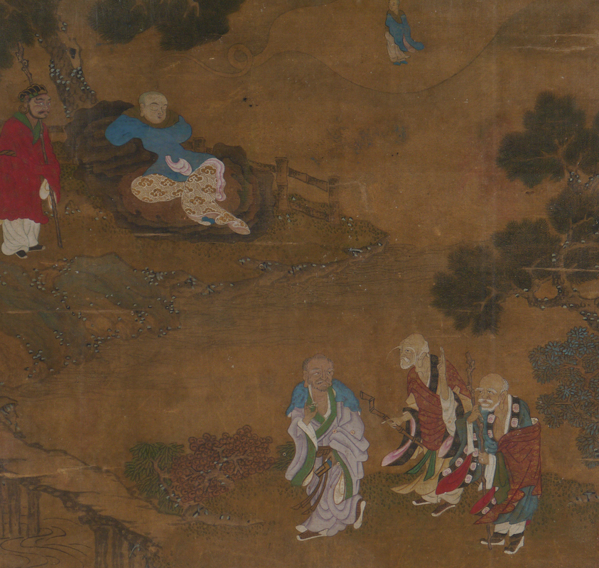 Appraisal: EARLY ORIENTAL PAINTING ON SILK Scene Depicts Three Elders Approaching