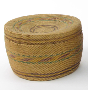 Appraisal: MAKAH-NOOTKA INDIAN ROUND LIDDED TRINKET BASKET woven with an abstract