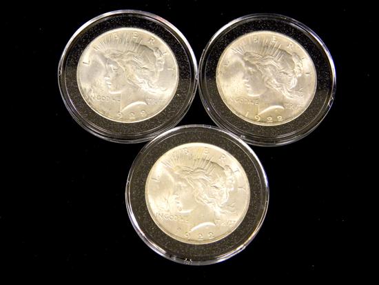 Appraisal: COINS three Peace dollars all uncertified average grade is Choice