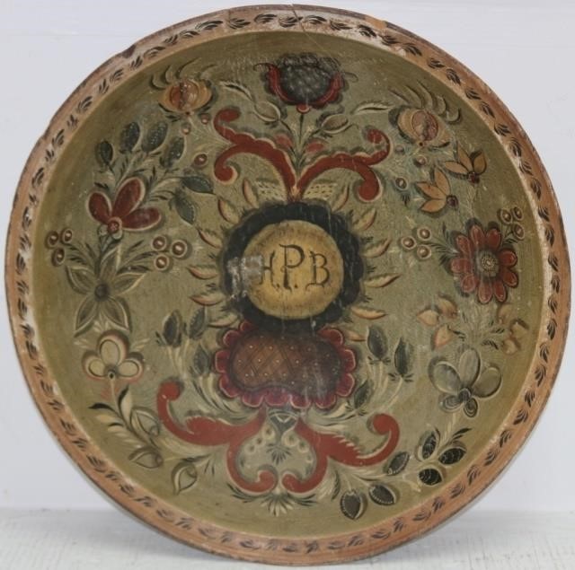 Appraisal: EARLY TH CENTURY HAND PAINTED WOODEN BOWL PENNSYLVANIA DUTCH DESIGN