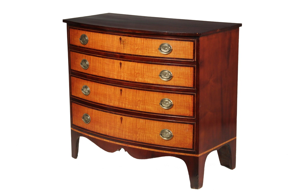 Appraisal: HEPPLEWHITE BOWFRONT CHEST - th c American Mahogany Chest overhanging