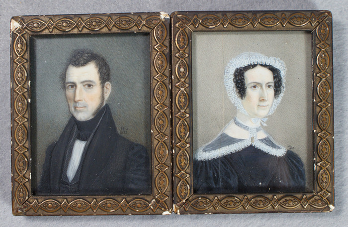 Appraisal: Pr of folk art miniature portraits on ivory man and