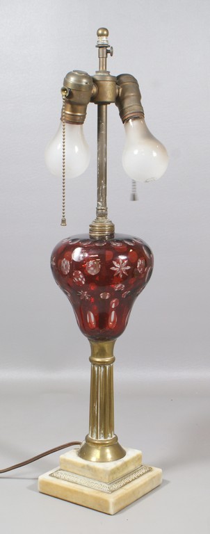 Appraisal: Ruby cut to clear single oil lamp brass stem and