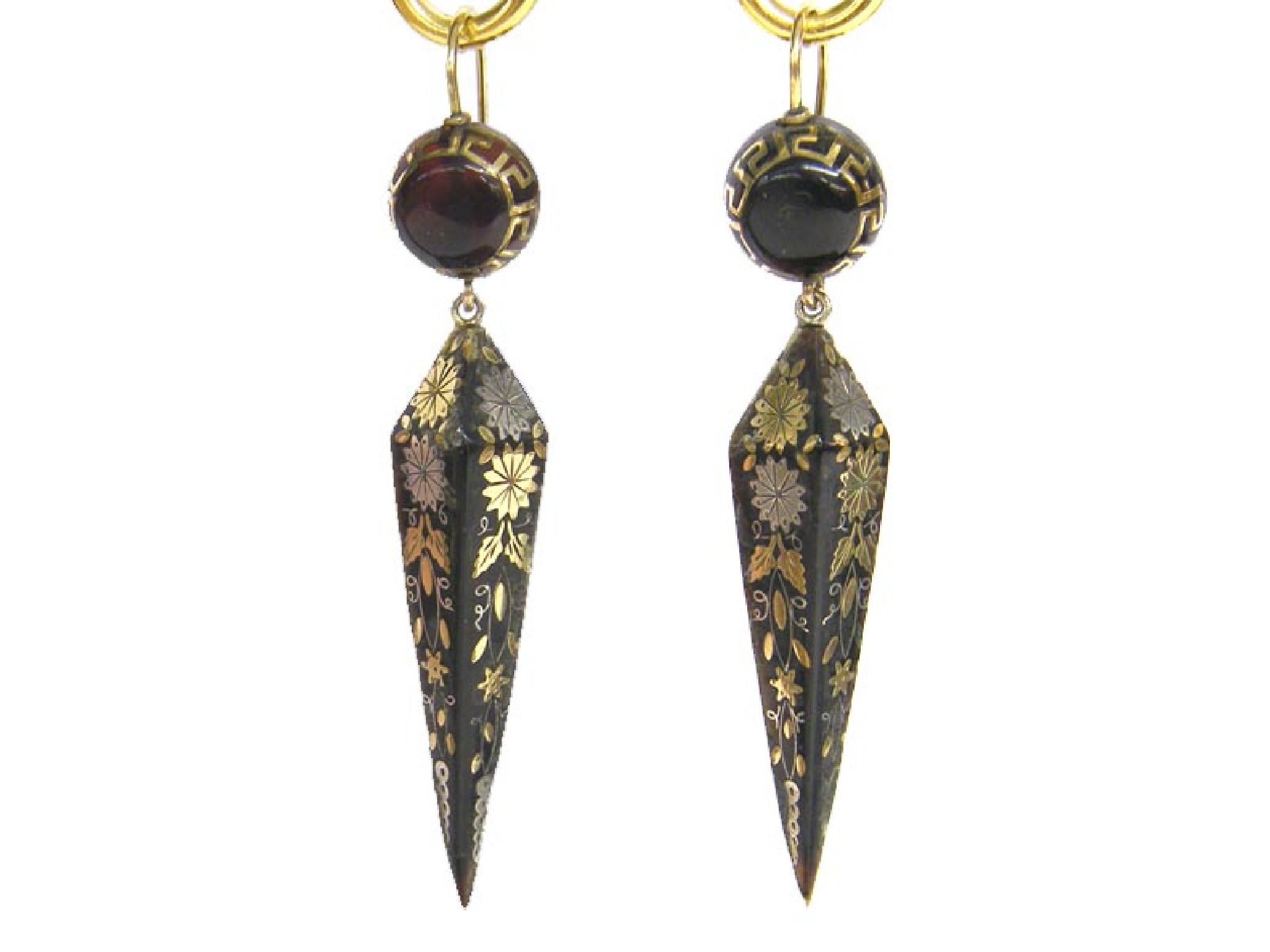 Appraisal: Pair of th century pique tortoiseshell drop earrings with foliate