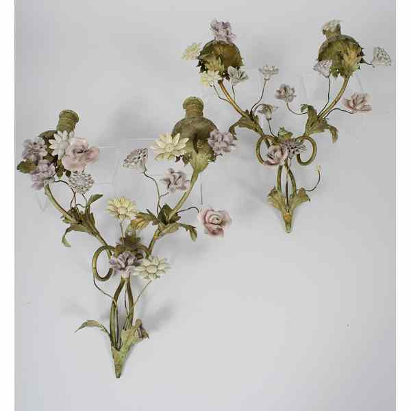 Appraisal: Porcelain and Metal Wall Sconces Continental th century Metal wall