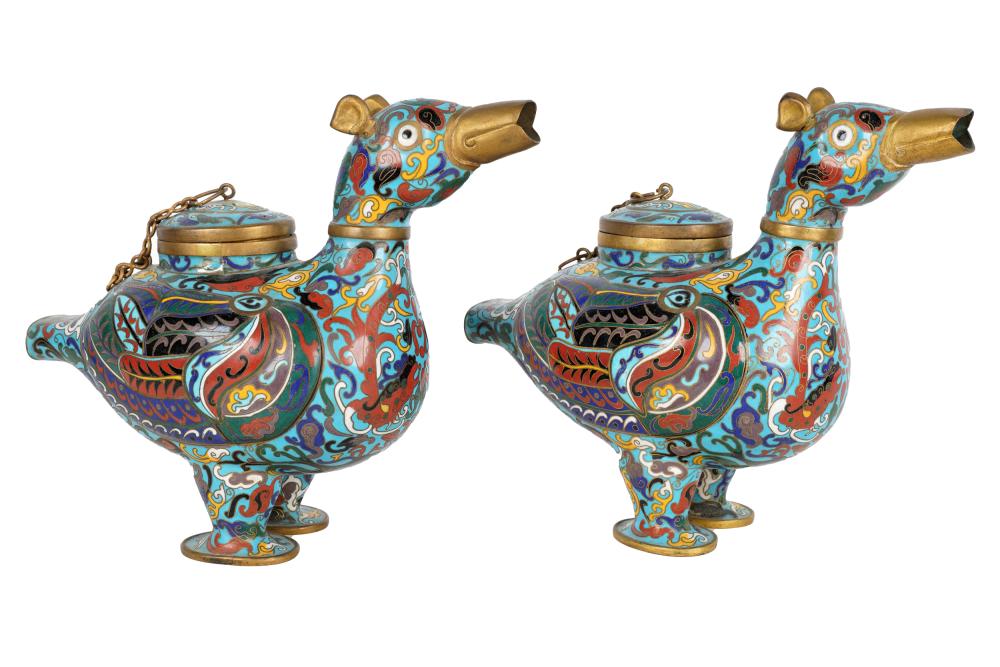 Appraisal: PAIR OF CHINESE CLOISONNE ENAMEL DUCK CENSERSunmarked Provenance The Estate