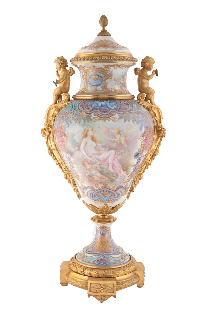 Appraisal: AN ORMOLU-MOUNTED TWO-HANDLED SEVRES STYLE VASE LATE TH-EARLY TH CENTURY