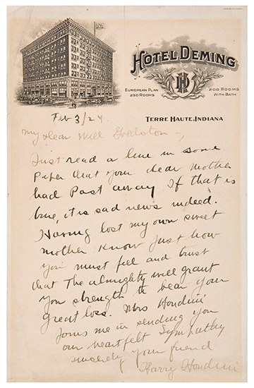 Appraisal: HOUDINI HARRY Autograph Letter Signed in full to Will Goldston