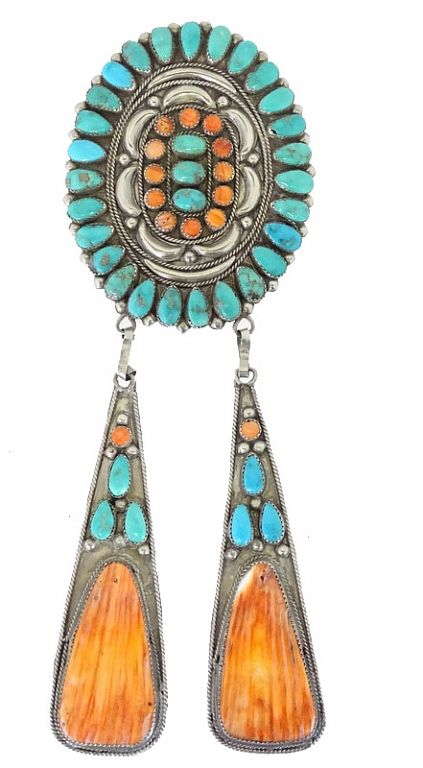 Appraisal: Navajo Turquoise Orange Oyster Shell Pendant Navajo Turquoise Orange Oyster