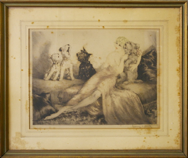 Appraisal: Louis Icart French - Woman with Dogs etching x signed