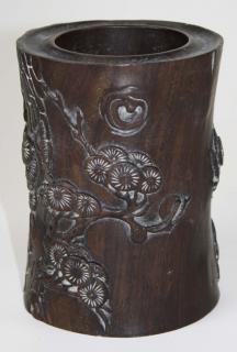 Appraisal: th c Chinese relief carved wooden vessel with flowers insects