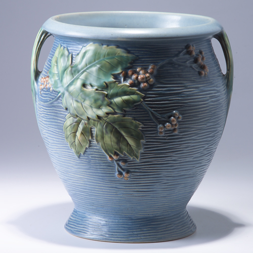 Appraisal: ROSEVILLE Blue Bushberry sand jar - firing bruise under rim