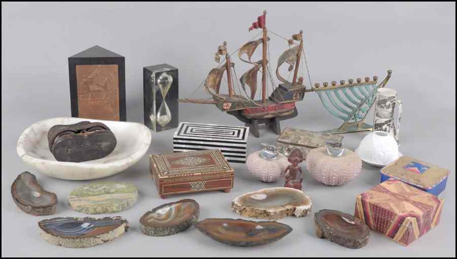 Appraisal: COLLECTION OF DECORATIVE ITEMS Comprising boxes porcelain a model ship