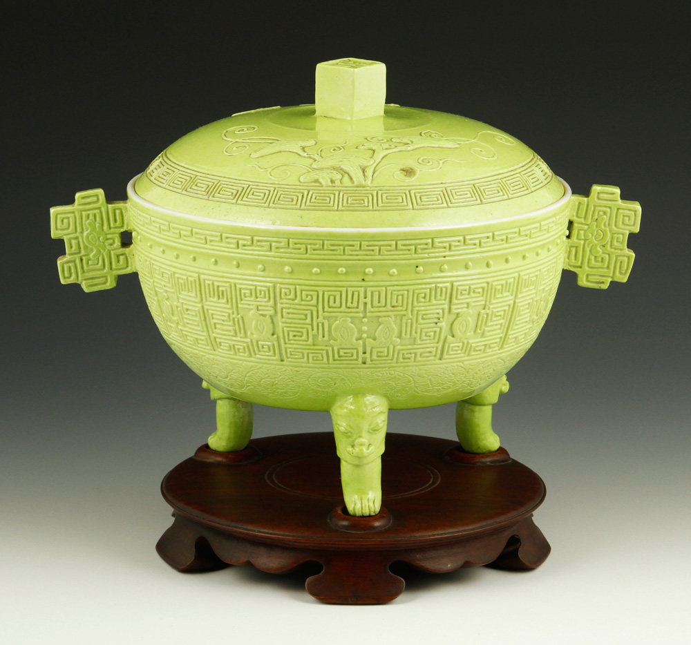 Appraisal: - Chinese Green Glazed Tripod Gui Bowl Green glazed porcelain