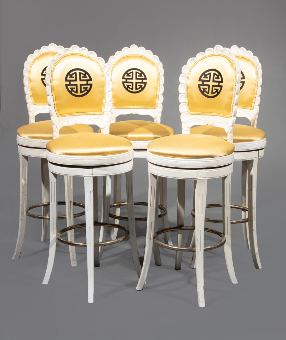 Appraisal: Five Hollywood Regency-Style Painted Barstools shell-form back flared legs silk