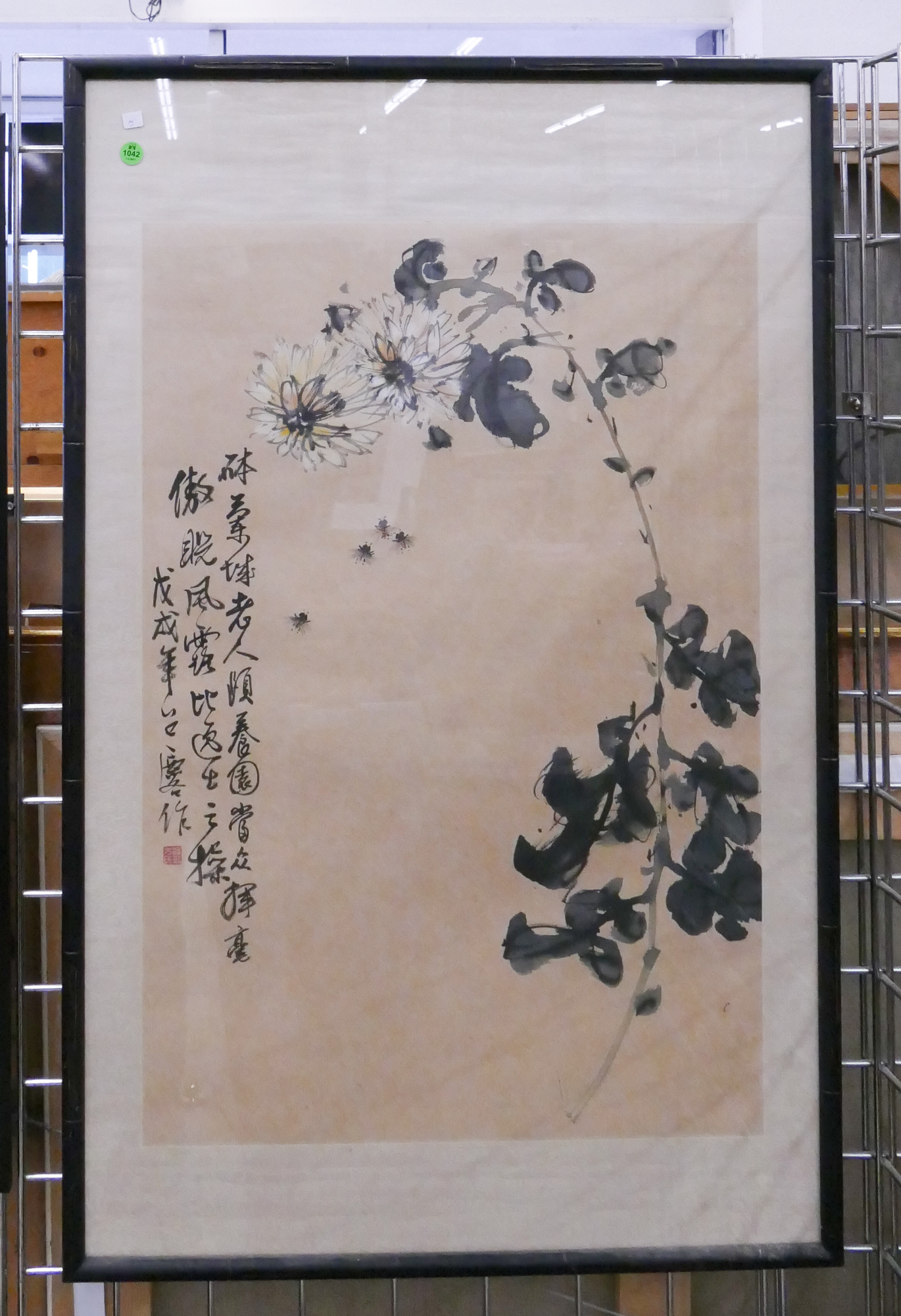 Appraisal: Old Chinese Flowers and Bees Watercolor Scroll Painting Framed- x