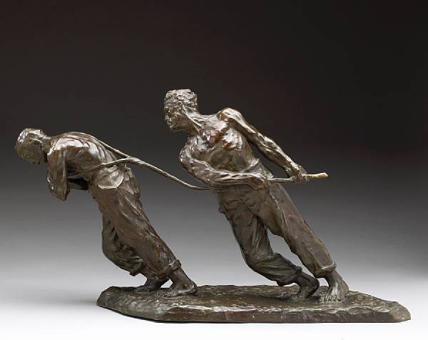 Appraisal: A Belgian patinated bronze figural group A la Rescousse after